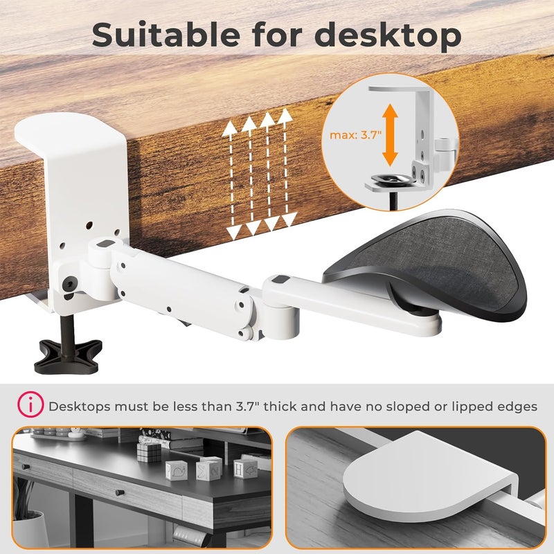 JOY worker Universal Clamp-on Adjustable Armrest, Ergonomic 360° Rotating Elbow Rest Pad for Desk, 6-Level Height Desk Arm Support for Thicker Desktop, Left/Right Hand, White - Image 4